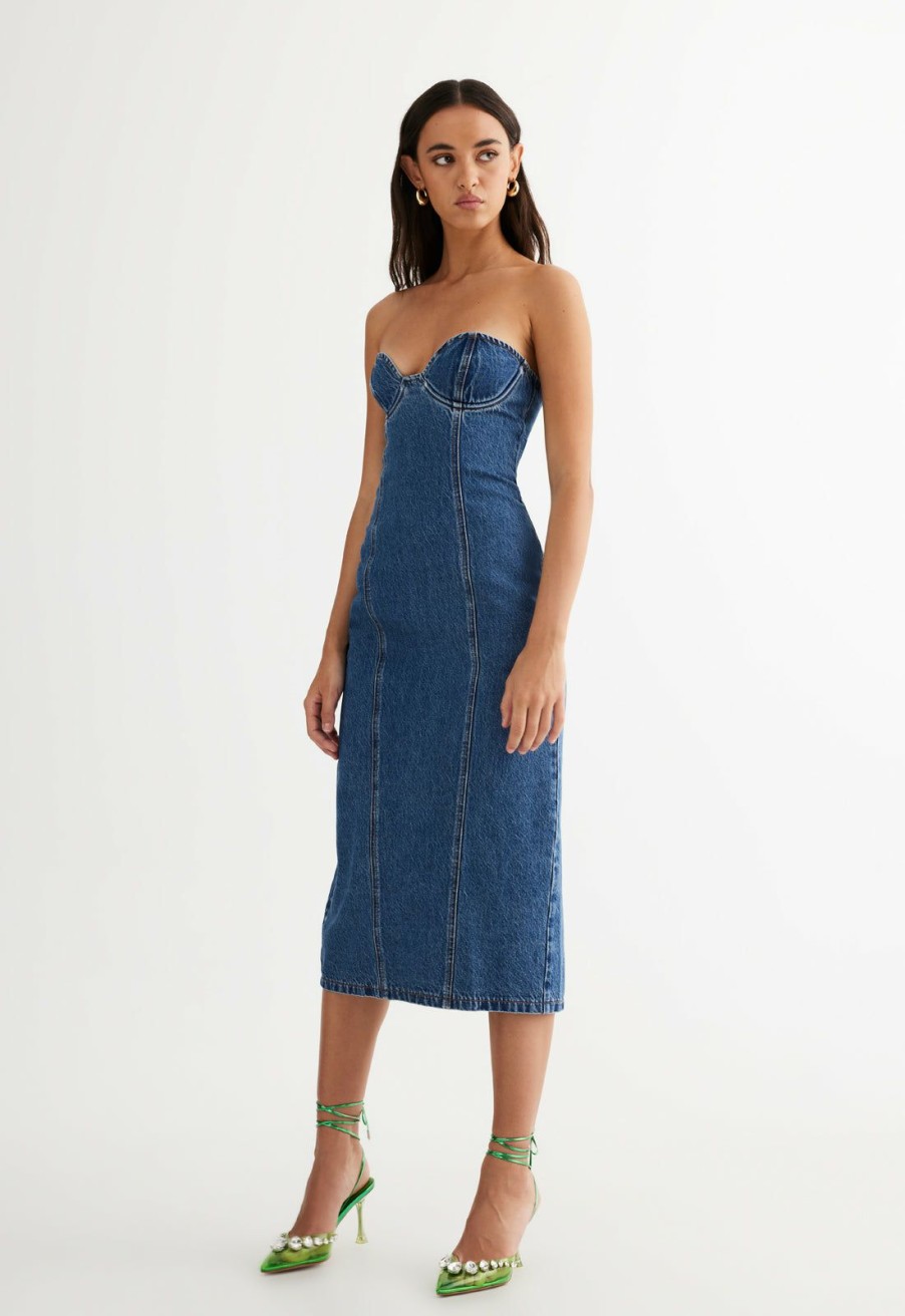 Women Lioness Dresses | Smokeshow Strapless Dress Blue Denim • Lioness-wmen